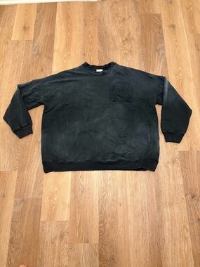 Moojimooji Mineral Wash Black Crewneck Sweatshirt Sherpa Pocket Distressed Large